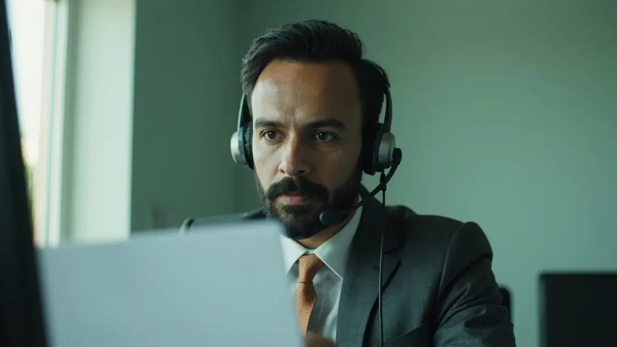 Support specialist listening at a modest help desk