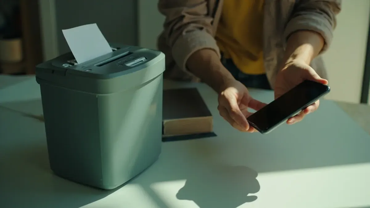 User preparing a privacy cleanup with phone and storage box