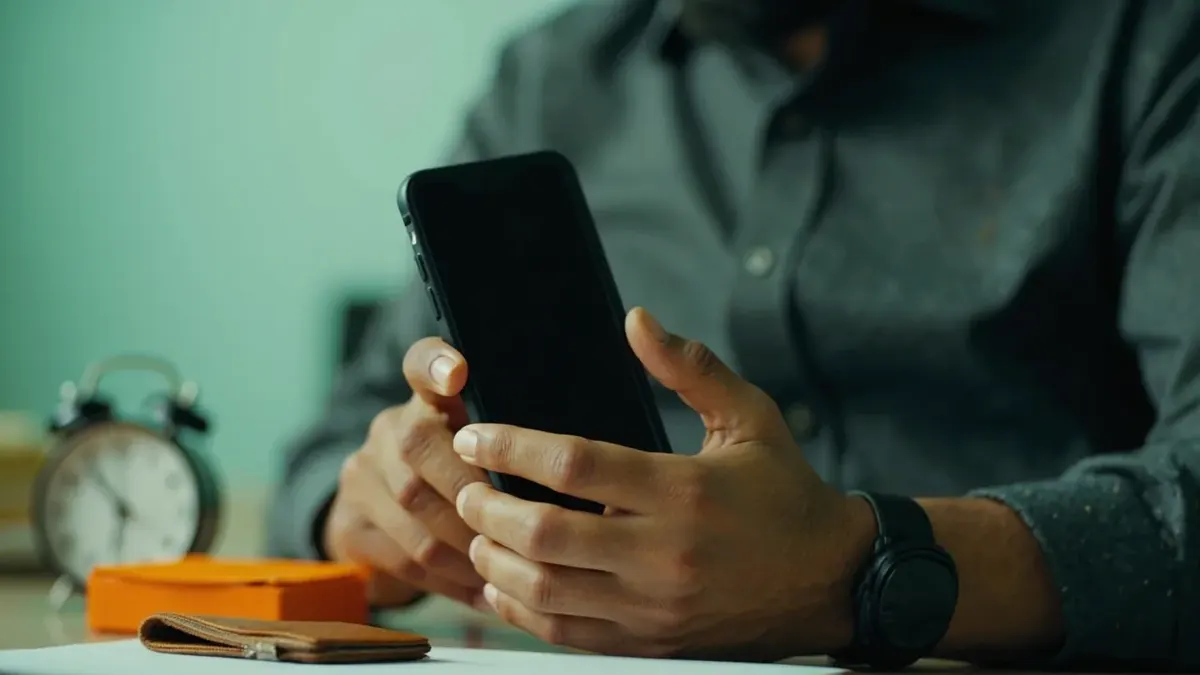 User verifying account access on a phone at a compact desk