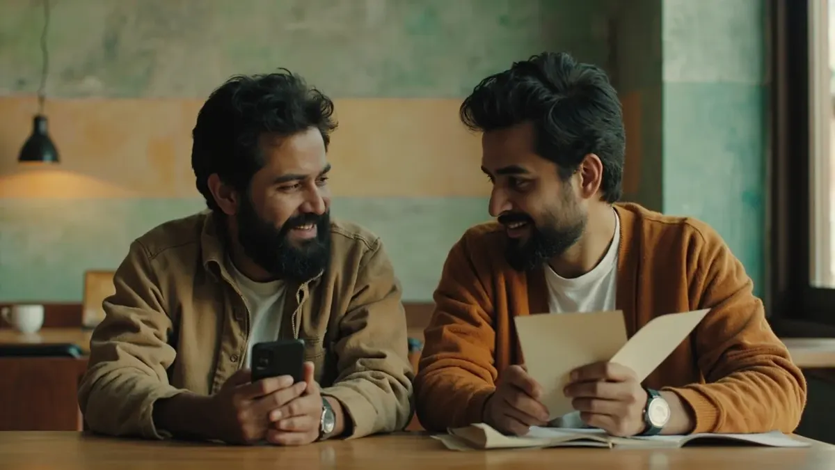 Friends discussing a referral offer cautiously in a café